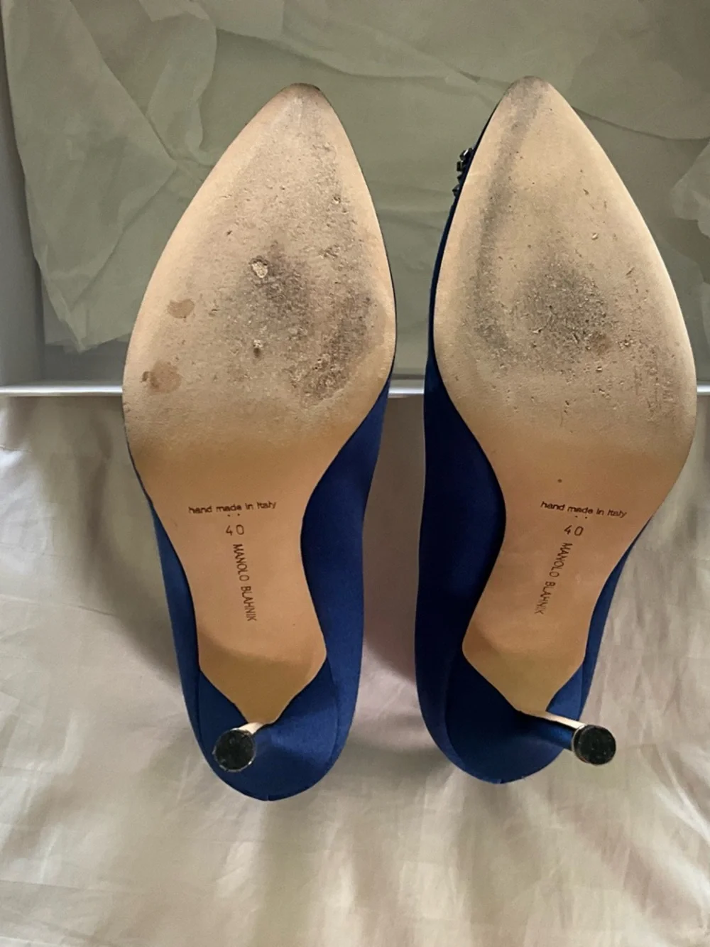 Manolo Blahnik Royal Blue Satin Pointed-Toe Crystal Buckle Pumps